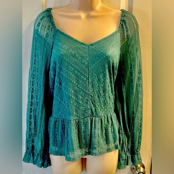 EUC! LC Lauren Conrad Teal Lace puffy sleeve Smocked Peplum Blouse XL - Picture 7 of 15